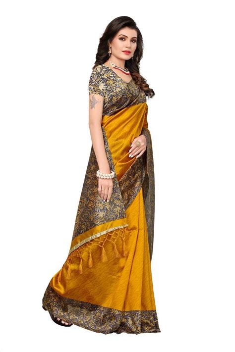 Yellow Printed Semi Tussar Silk Saree With Blouse Fabwomen 2518888