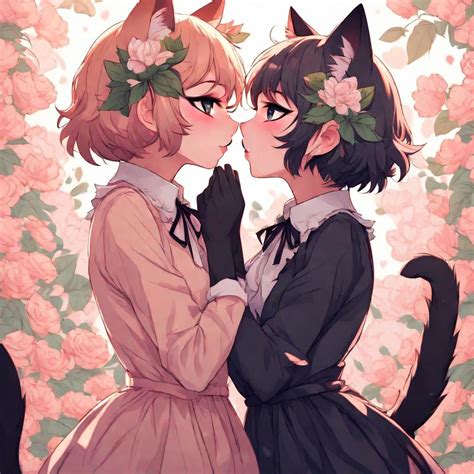 Floral Love Lesbian Catgirl Couple In Sweet Embrace Limewire