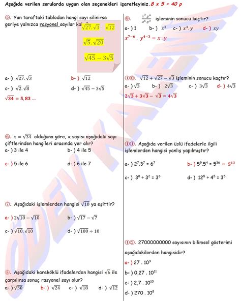 8 Sinif Matematik Dersi 1 Dönem 1 Yazili Sinav Sorulari Ve Cevap