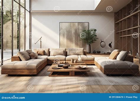 Interior Of Modern Living Room With White Walls Wooden Floor Stock