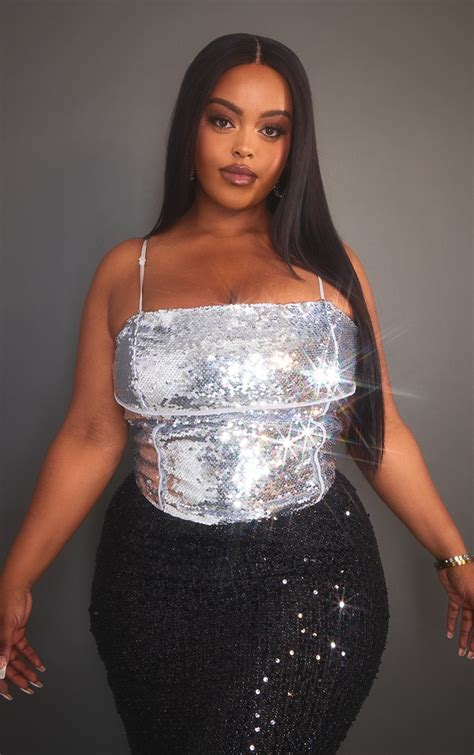 Plus Silver Sequin Corset Top Plus Size Prettylittlething Aus