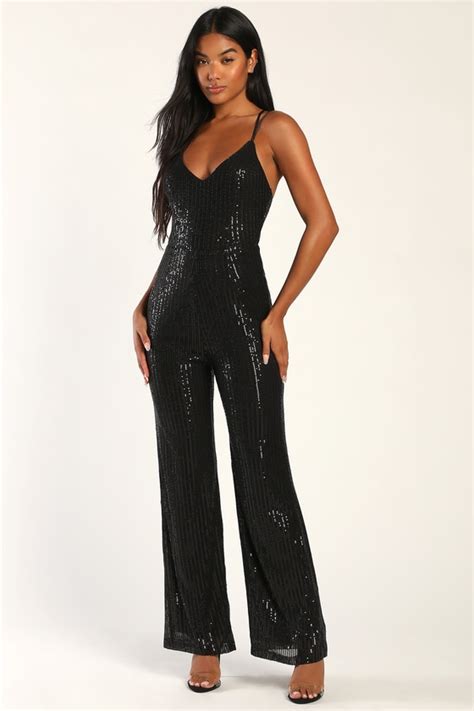 Black Sequin Jumpsuit Strappy Back Jumpsuit Sexy Jumpsuit Lulus