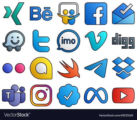 Filled Line Style Social Media Icon Set Flickr Vector Image