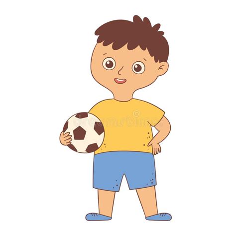 Cute Boy Footballer Standing And Holding The Ball In His Hand Kid With