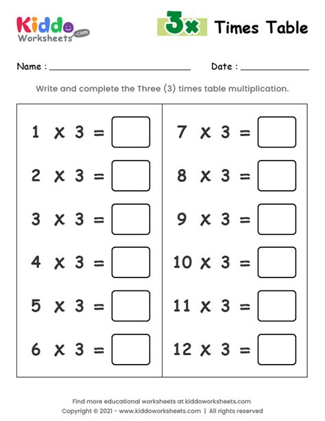 Free Printable 3 Times Table Worksheet Worksheet - kiddoworksheets