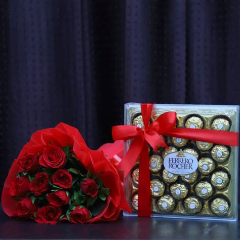 10 Red Roses Bunch With 24 Ferrero Rocher Box Yhoja