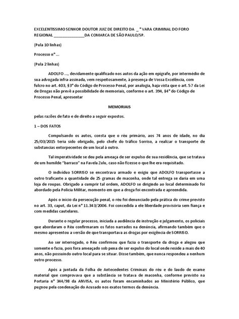 Peça 3 Memoriais Pdf Direito Penal Procedimento Criminal