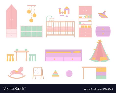 Cartoon color baby bedroom furniture icons set Vector Image