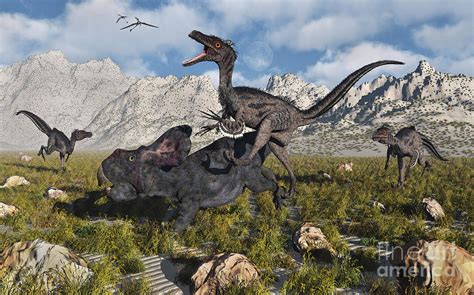 A Pack Of Velociraptors Attack A Lone Digital Art By Mark Stevenson