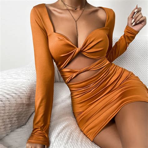 Long Sleeve Pleated Bodycon Dresses Sexy Deep V Neck Hollow Out