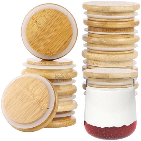 12pcs Reusable Bamboo Lids Airtight Oui Yogurt Jar Lids Natural