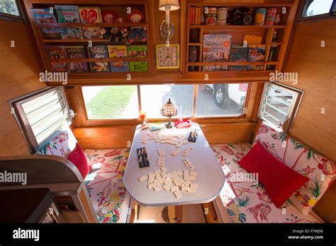 Interior view of breakfast table inside a vintage trailer at Vintage ...