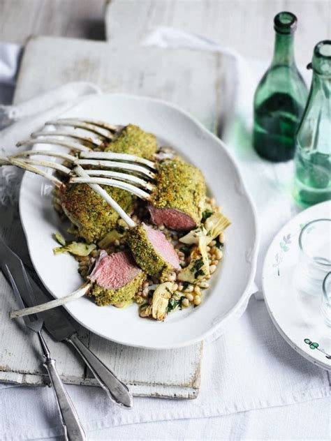 Herb Crusted Rack Of Lamb With Beans Artichokes And Garlic Recipe Delicious Magazine