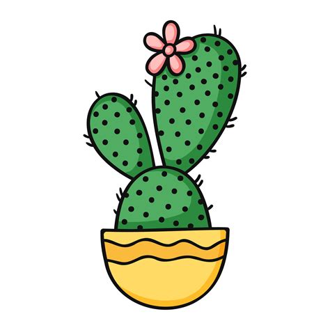 Prickly Pear Cactus With Pink Flowers In Yellow Pot Cartoon Isolated