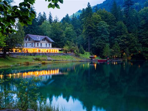 Wallpaper Switzerland, Kanders, pier, tree, lake, house, dusk, lights ...