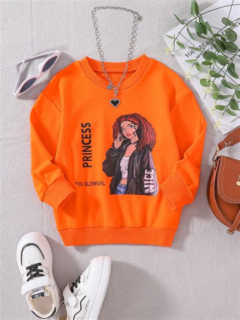 Young Girl Figure And Letter Graphic Drop Shoulder Sweatshirt Shein Usa