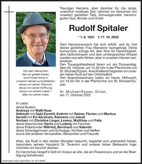 Traueranzeigen Von Rudolf Spitaler Trauer Bz