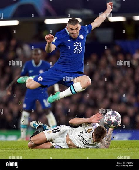 Chelseas Mateo Kovacic Jumps The Tackle From Real Madrids Toni Kroos