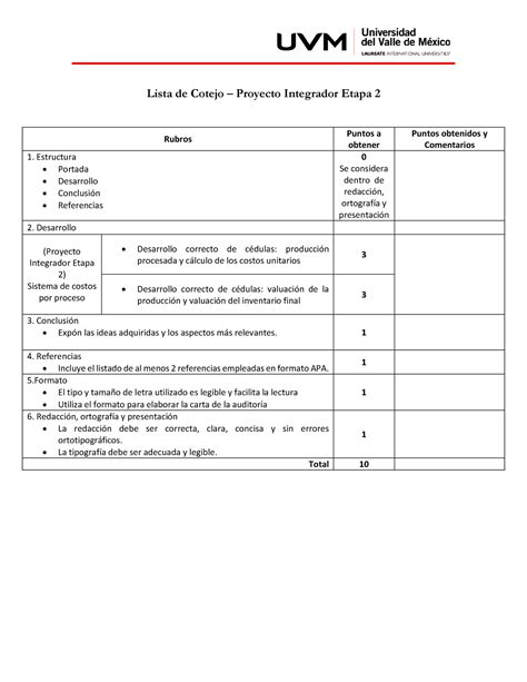 Lc Pie Proyecto Integrador Etapa Lista De Cotejo Proyecto