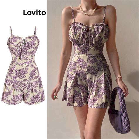 Lovito Women Boho Ditsy Floral Lettuce Trim Lace Up Jumpsuit L Ed