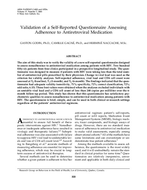 Pdf Validation Of A Self Reported Questionnaire Assessing Adherence