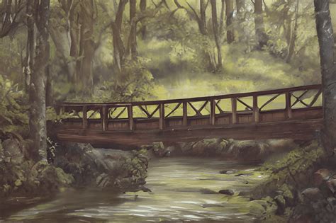 Oil Painting Realistic Vintage Wooden Bridge Crossing a Creek ...