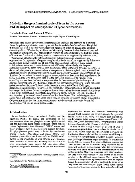 Pdf Modeling The Geochemical Cycle Of Iron In The Oceans And Its