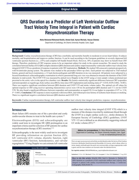 Pdf Qrs Duration As A Predictor Of Left Ventricular Outflow Tract Velocity Time Integral In