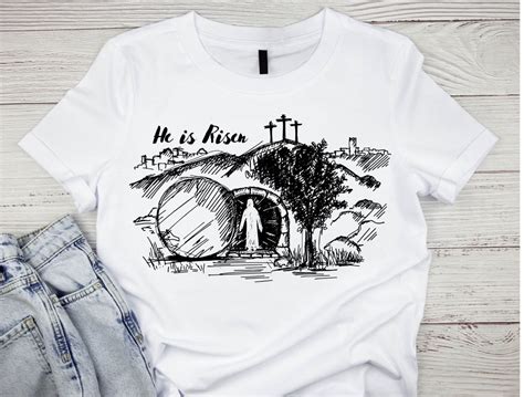 He Is Risen Tomb T Shirt Easter Jesus Christian Tee Bluefink