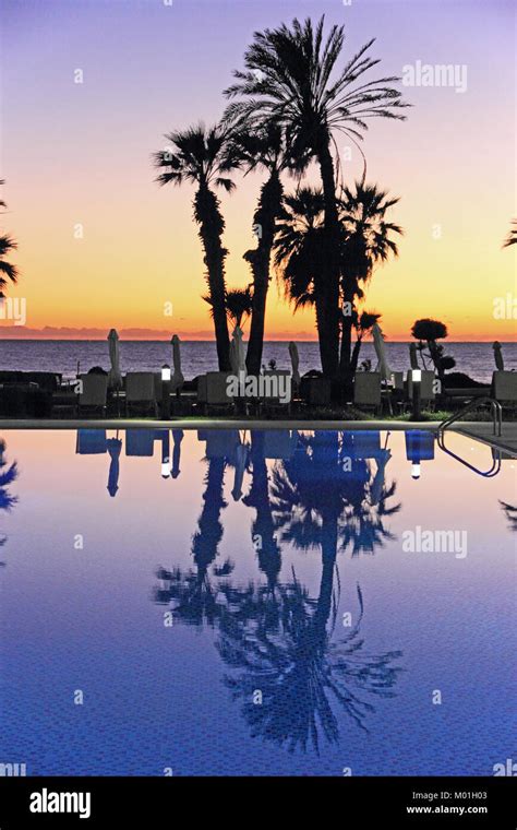 Sunset with palm trees reflecting in swimming pool Stock Photo - Alamy