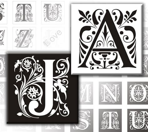 Vintage Ornate Initials Black And White Alphabet Letters Etsy