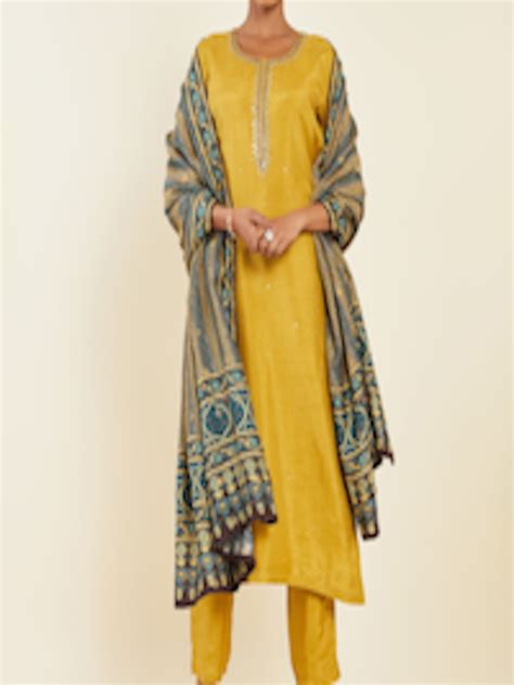 Buy Soch Mustard Yellow And Blue Floral Embroidered Kurta With Trousers