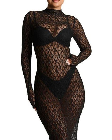 Naked Wardrobe Mock Neck Long Sleeve Sheer Lace Maxi Dress In Black Lyst