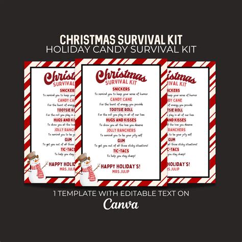 Editable Christmas Survival Kit Card Staff Teacher Appreciation Gift