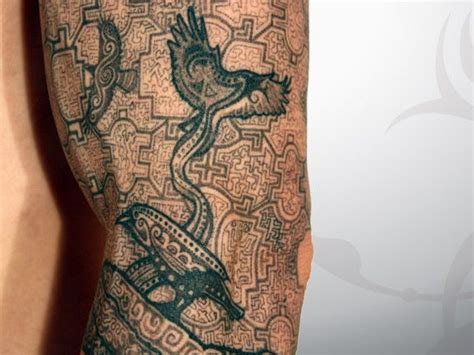 Closeup Of Shipibo Pattern Tattoo With Ravens In Flight Inspired By