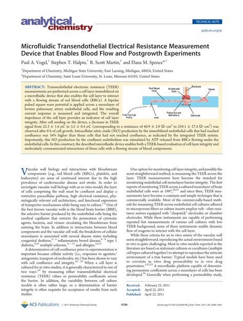 Pdf Microfluidic Transendothelial Electrical Resistance Measurement