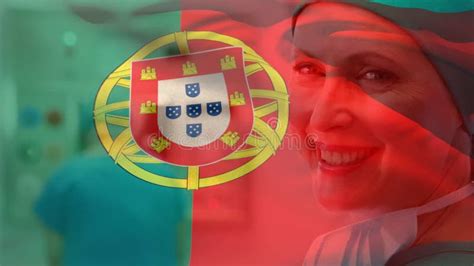 Digital Composition Of Portugal Flag Waving Against Portrait Of Female