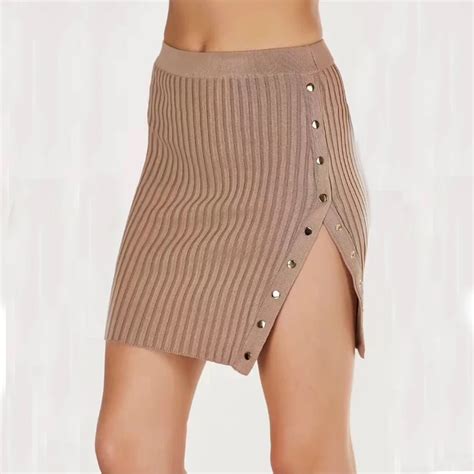 Ribbed Knitting Cotton Skirt Women Sexy Skirts Buttons Up Split Bodycon