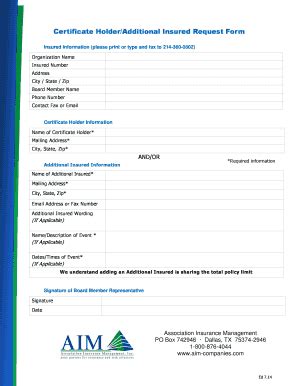 Fillable Online Certificate Holder Additional Insured Request Form