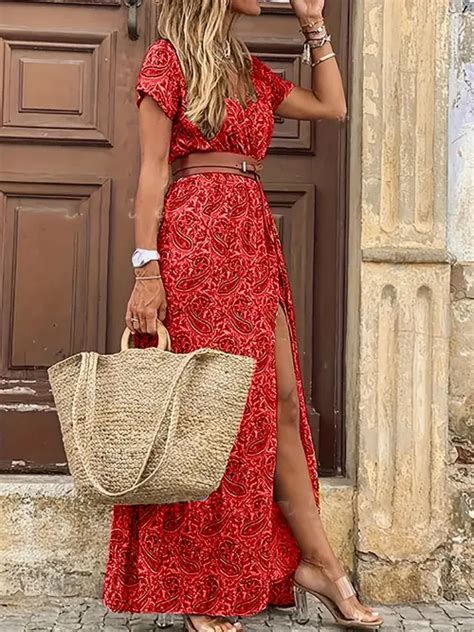 Floral Print Bohemian Maxi Dress V Neck Short Sleeve Dress Temu