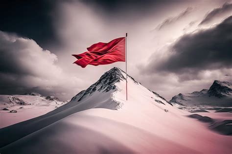 Bandeira Vermelha Tremulando Ao Vento No Topo De Um Pico Nevado Criado