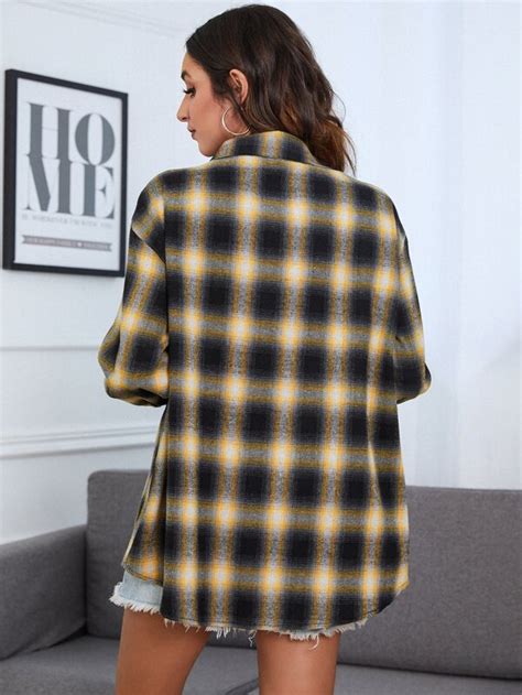 Shein Essnce Plaid Print Button Front Overshirt Shein Usa