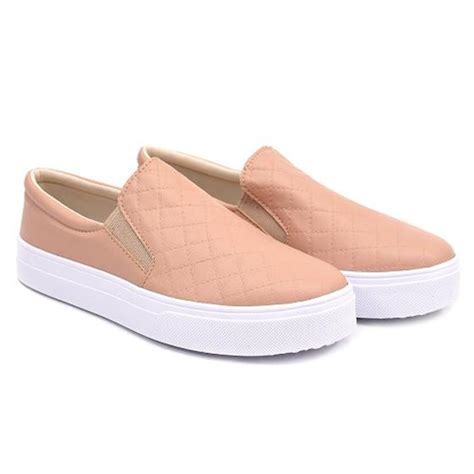 Tênis Slip On de Couro Sola Alta Metalassê de Elástico Cor Nude