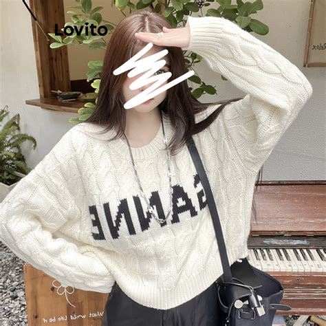 Lovito Women Casual Letter Rib Knit Sweater LNE35272 Apricot Shopee