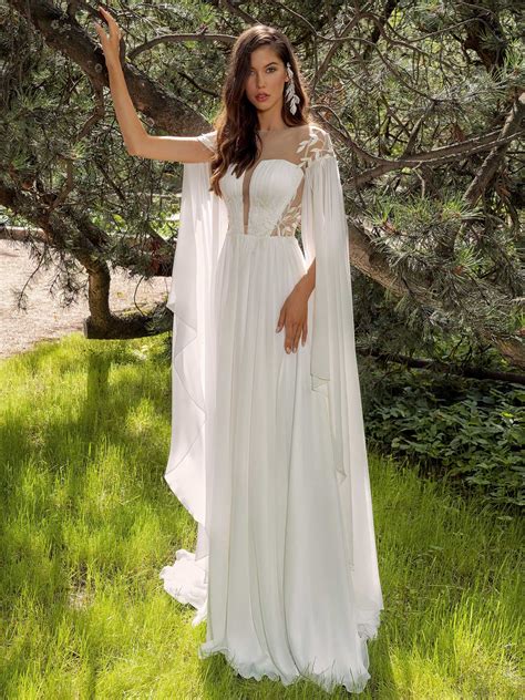 Chiffon sheath wedding dress with cape sleeves