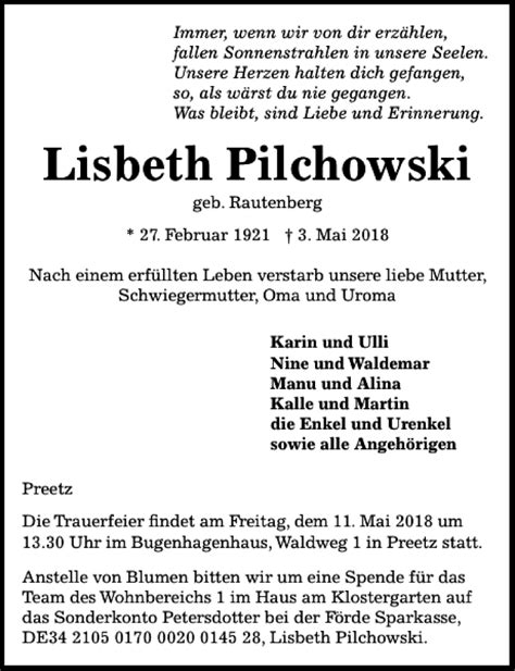 Traueranzeigen Von Lisbeth Pilchowski Trauer Anzeigen De