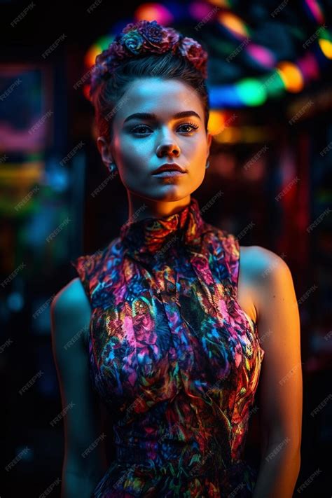 Premium Ai Image A Woman Stands In Front Of A Neon Light