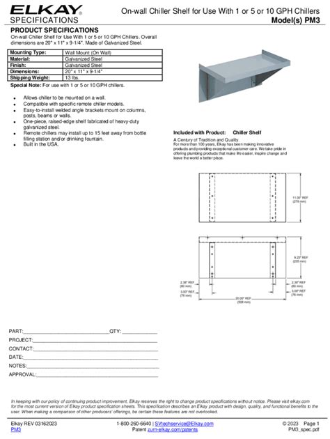 Fillable Online Elkay PM3 On Wall Chiller Shelf Specification Sheet Fax