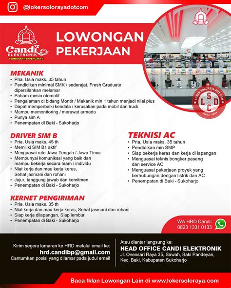 lowongan kerja candi elektronik sukoharjo   posisi