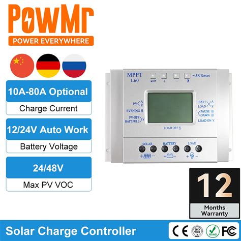 Powmr Controlador De Carga Solar 12v 24v 10a 20a 30a 40a 60a 80a Pwm